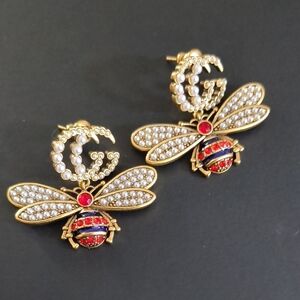Gold and Red Bee Earrings